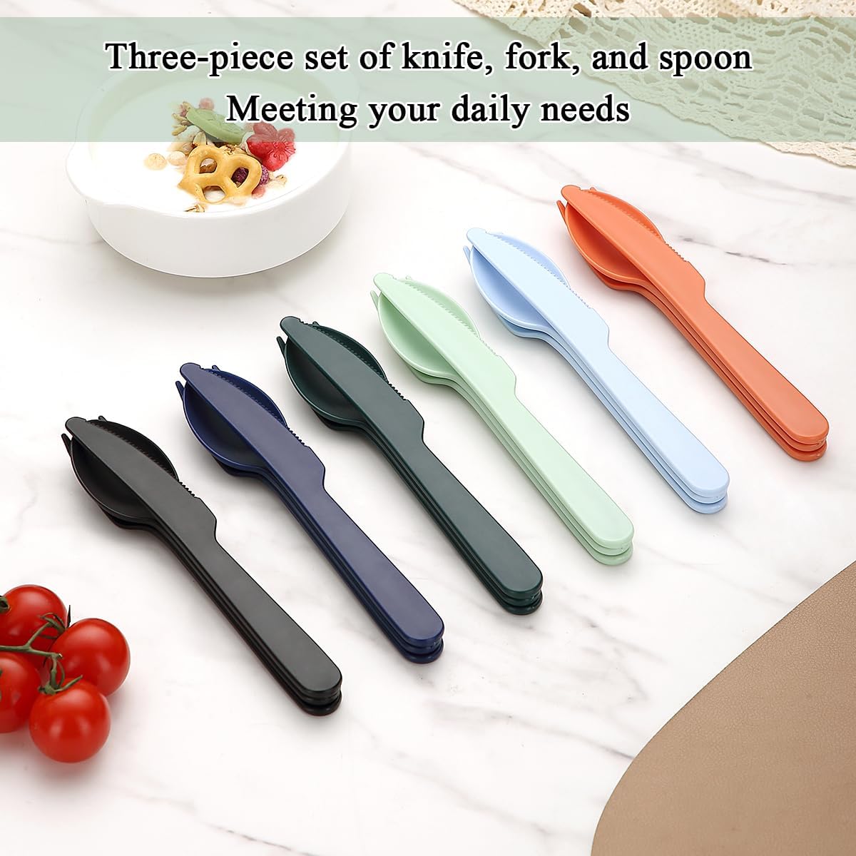 Travel Utensils Set for 6, Reusable Plastic Knife Fork Spoon Snapped Together for Easy Portability and Save Space, Silverware Cutlery Utensils Set for Work, Camping, Picnic, Gadgets, Lunch Box