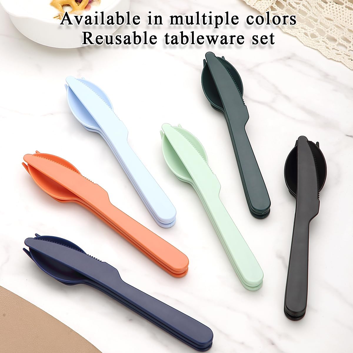 Travel Utensils Set for 6, Reusable Plastic Knife Fork Spoon Snapped Together for Easy Portability and Save Space, Silverware Cutlery Utensils Set for Work, Camping, Picnic, Gadgets, Lunch Box