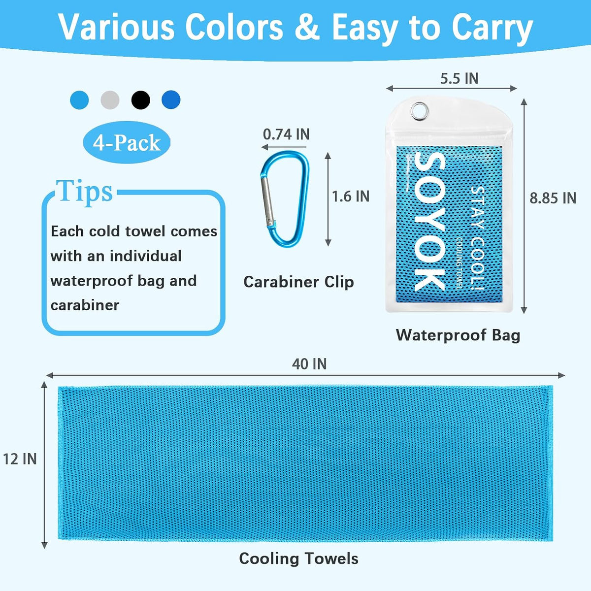 4 Packs Cooling Towel, 40" x 12" Microfiber Cooling Towels for Neck and Face, Soft Breathable Gym Towel for Working Out with Waterproof Bag & Carabiner, Sweat Towels for Running, Yoga, Travel, Climb
