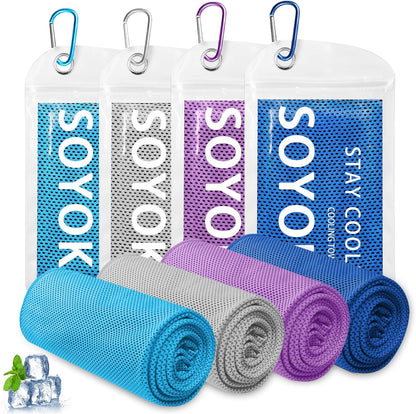 4 Packs Cooling Towel, 40" x 12" Microfiber Cooling Towels for Neck and Face, Soft Breathable Gym Towel for Working Out with Waterproof Bag & Carabiner, Sweat Towels for Running, Yoga, Travel, Climb