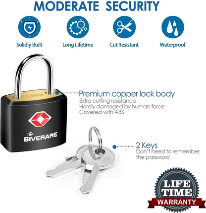 4 Pack TSA Approved Travel Luggage Locks with Keys, Solid Brass Copper Keyed Padlock, ABS Plastic Covered Small Locks for Suitcase, Backpack, Gym Locker, Jewelry Box