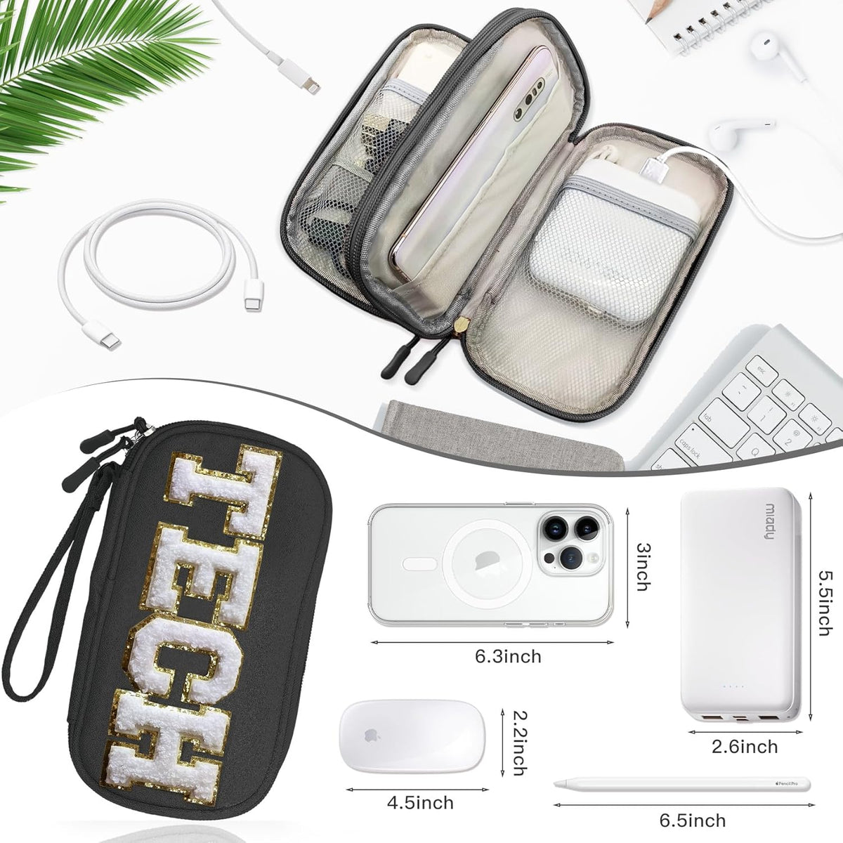 Cord Charger Organizer Travel Case Traveling Trip Gifts for Women TECH Bag Chenille Letter Pouch, Electronics Accessories Summer Camp College Dorm Essentials Must Have for Teen Girls Pink