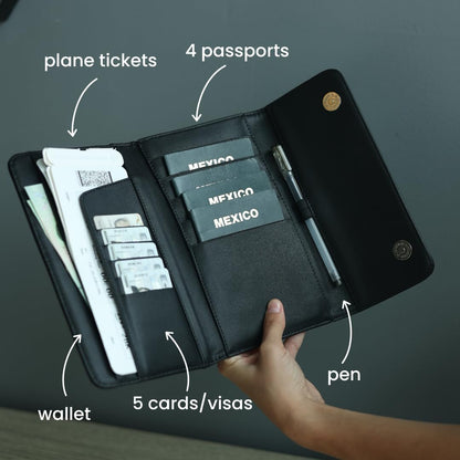 Family Passport Holder – Wallet for 4 Passports, Visas, Tickets, and Money – Passport Holder for Families – Travel Wallet to Store Passports – Travel Document Organizer (Black)