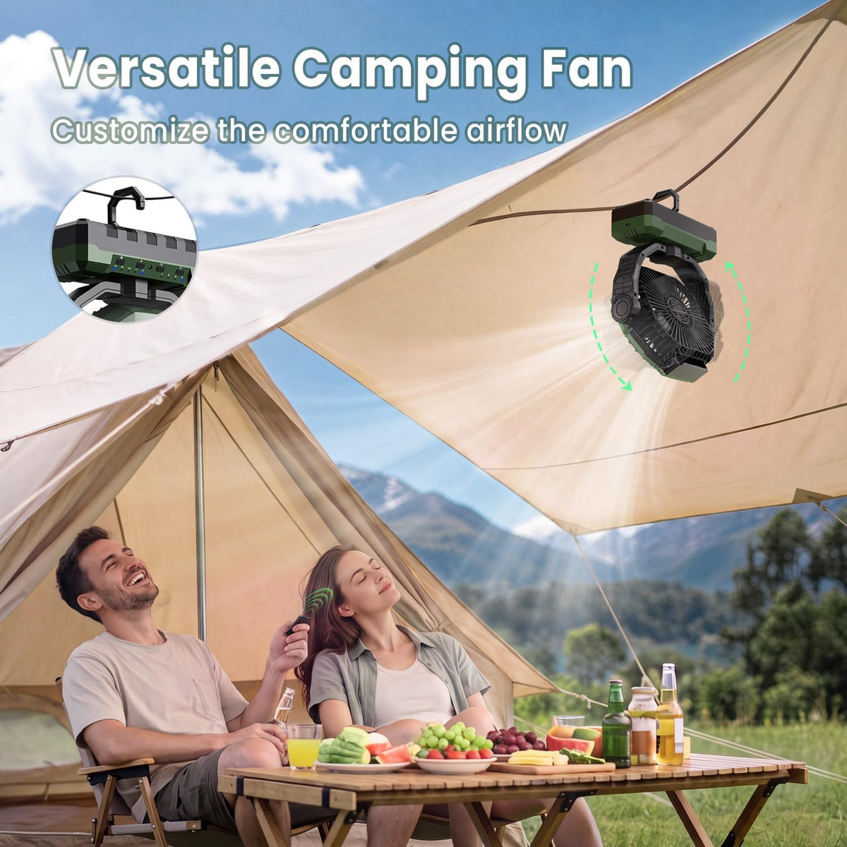 FRIZCOL 3-in-1 Camping Fan - Portable Fans Rechargeable - 24000mAh Battery Powered Fan with Light & Remote for Indoor, Outdoor, Tent, Travel, Fishing, Jobsite, Gifts for Men Dad Him - Green