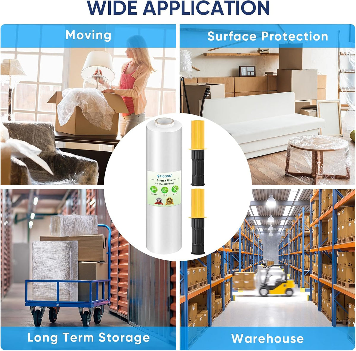 Stretch Wrap Roll, 15 in x 1000 ft Plastic Wrap for Moving Furniture