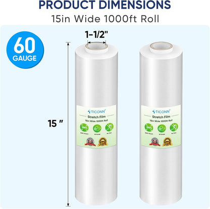 Stretch Wrap Roll, 15 in x 1000 ft Plastic Wrap for Moving Furniture