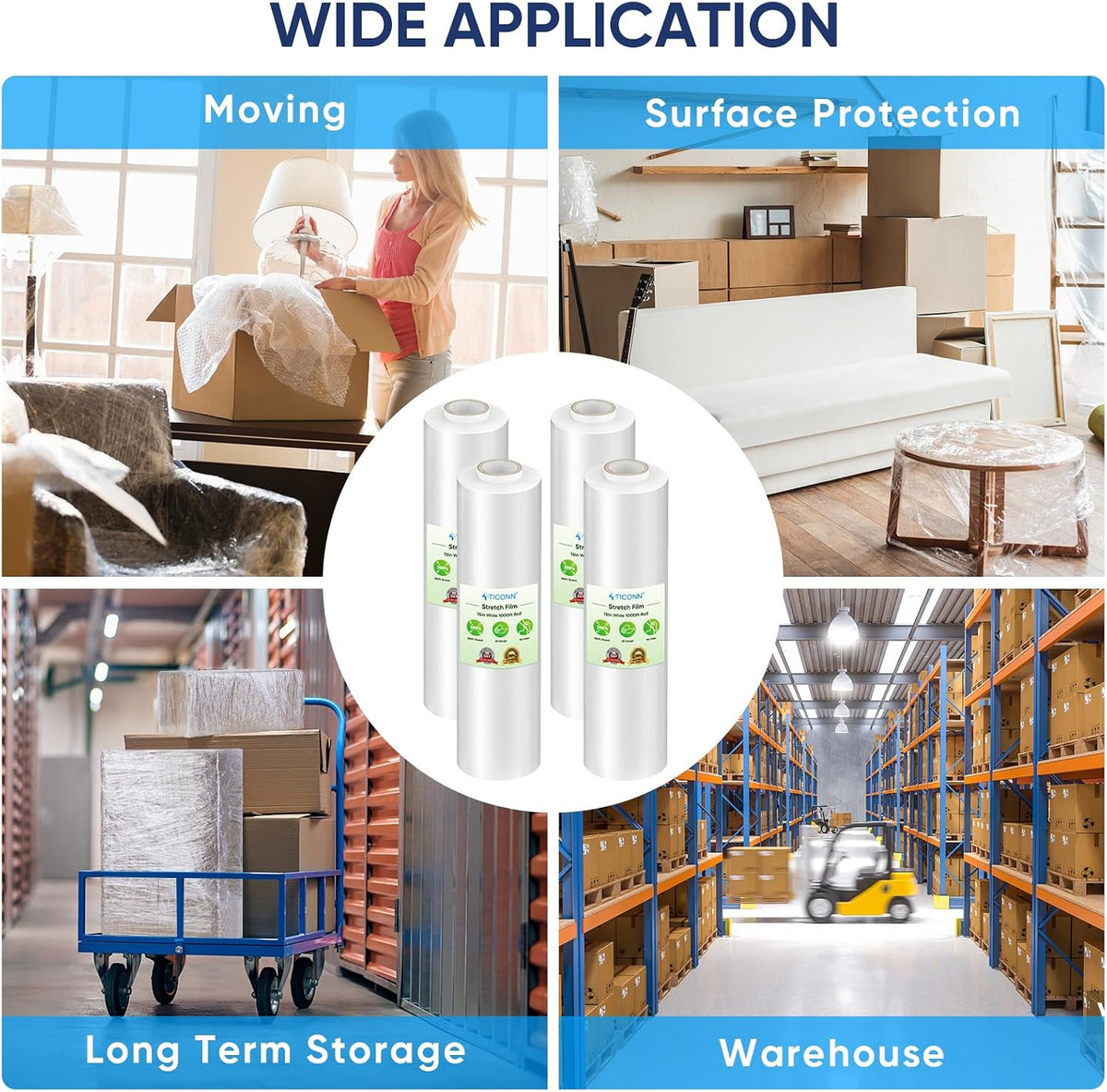 Stretch Wrap Roll, 15 in x 1000 ft Plastic Wrap for Moving Furniture