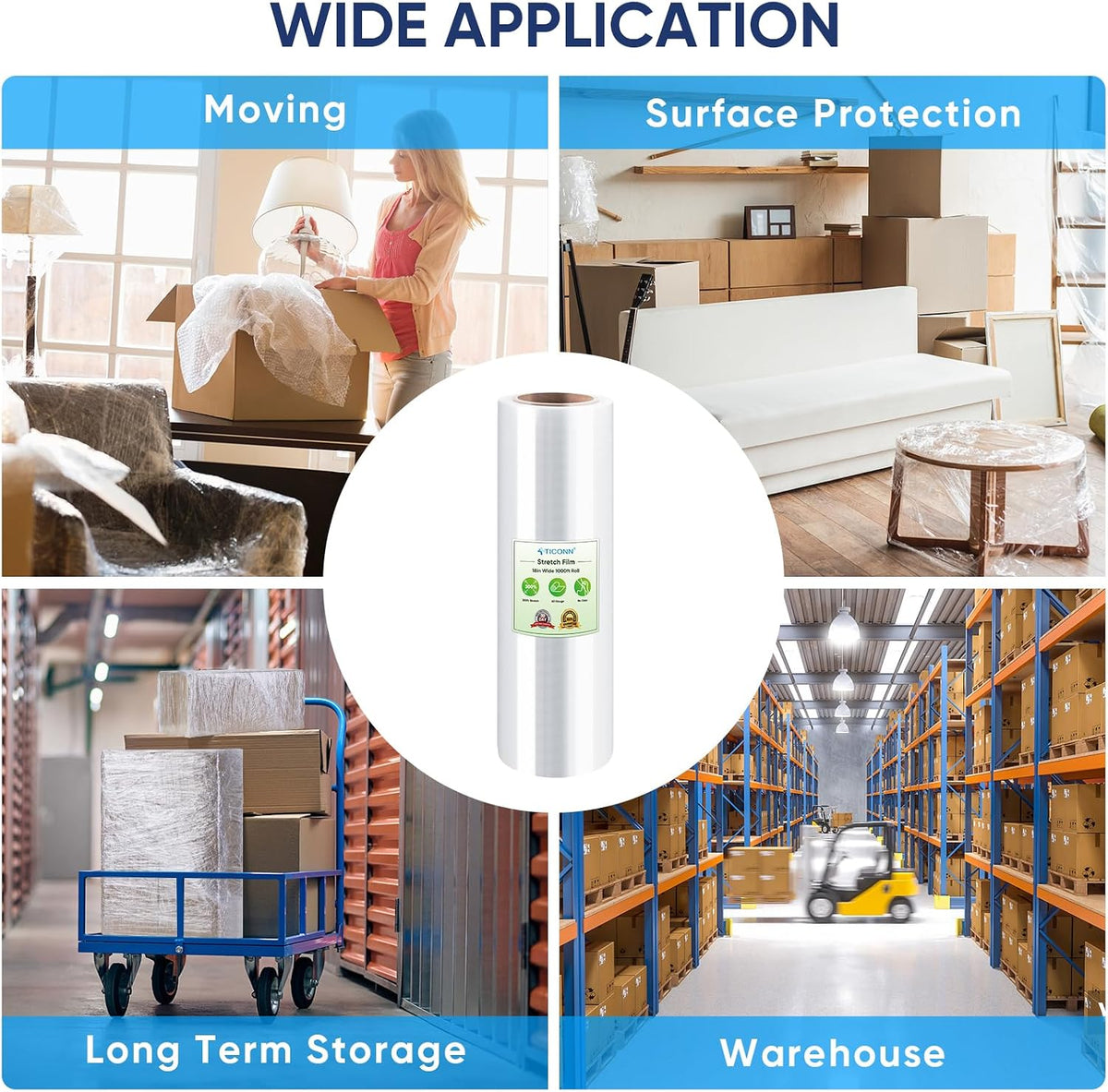 Stretch Wrap Roll, 15 in x 1000 ft Plastic Wrap for Moving Furniture