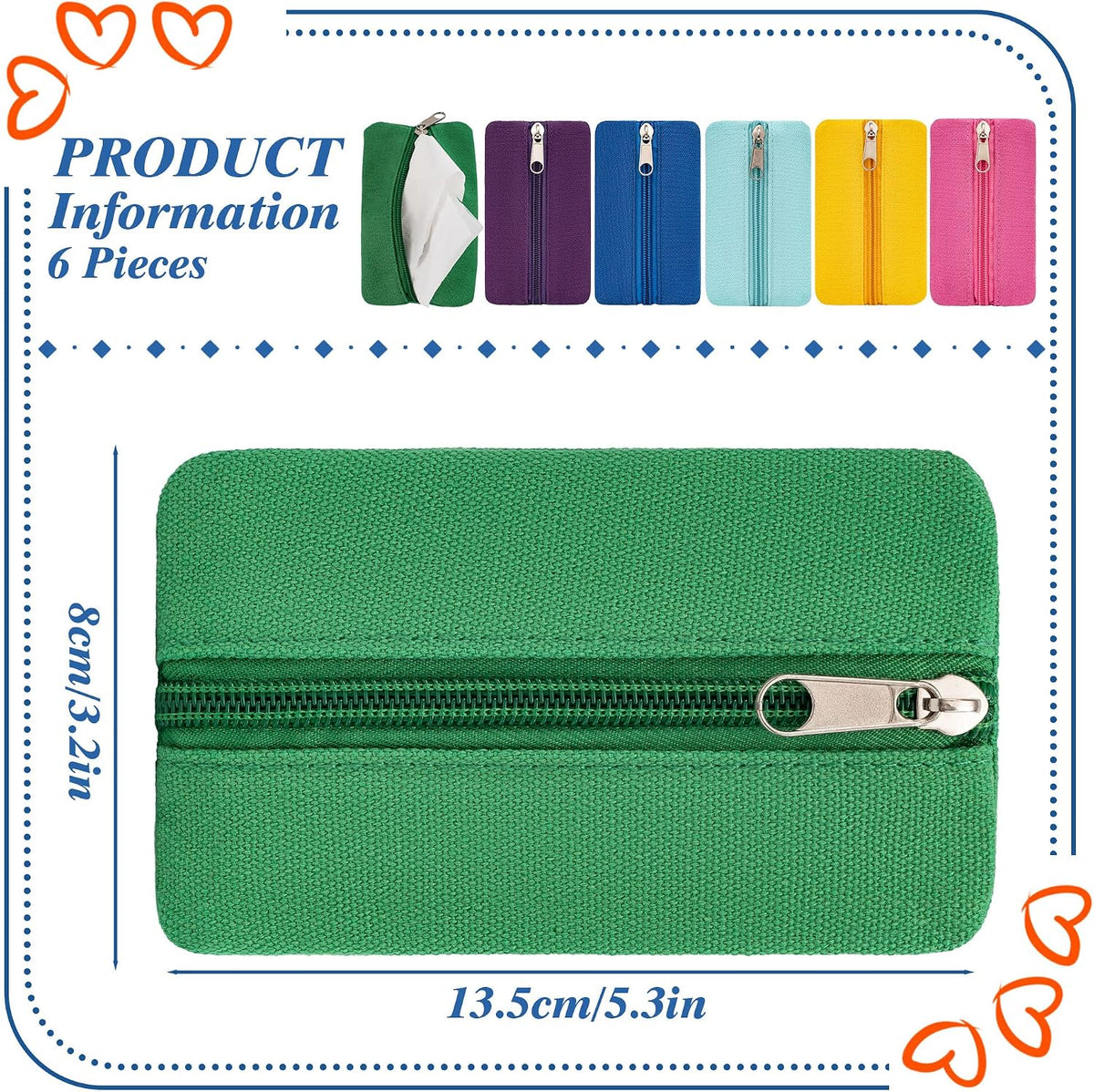 Pocket Tissue Holder, 6 Packs Tissue Holder for Purse, Reusable Travel Tissue Pouch, Fabric Purse Zipper Tissue Packs for Coins Tissue Cards Travel Office, 5.1 x 3.1 Inches
