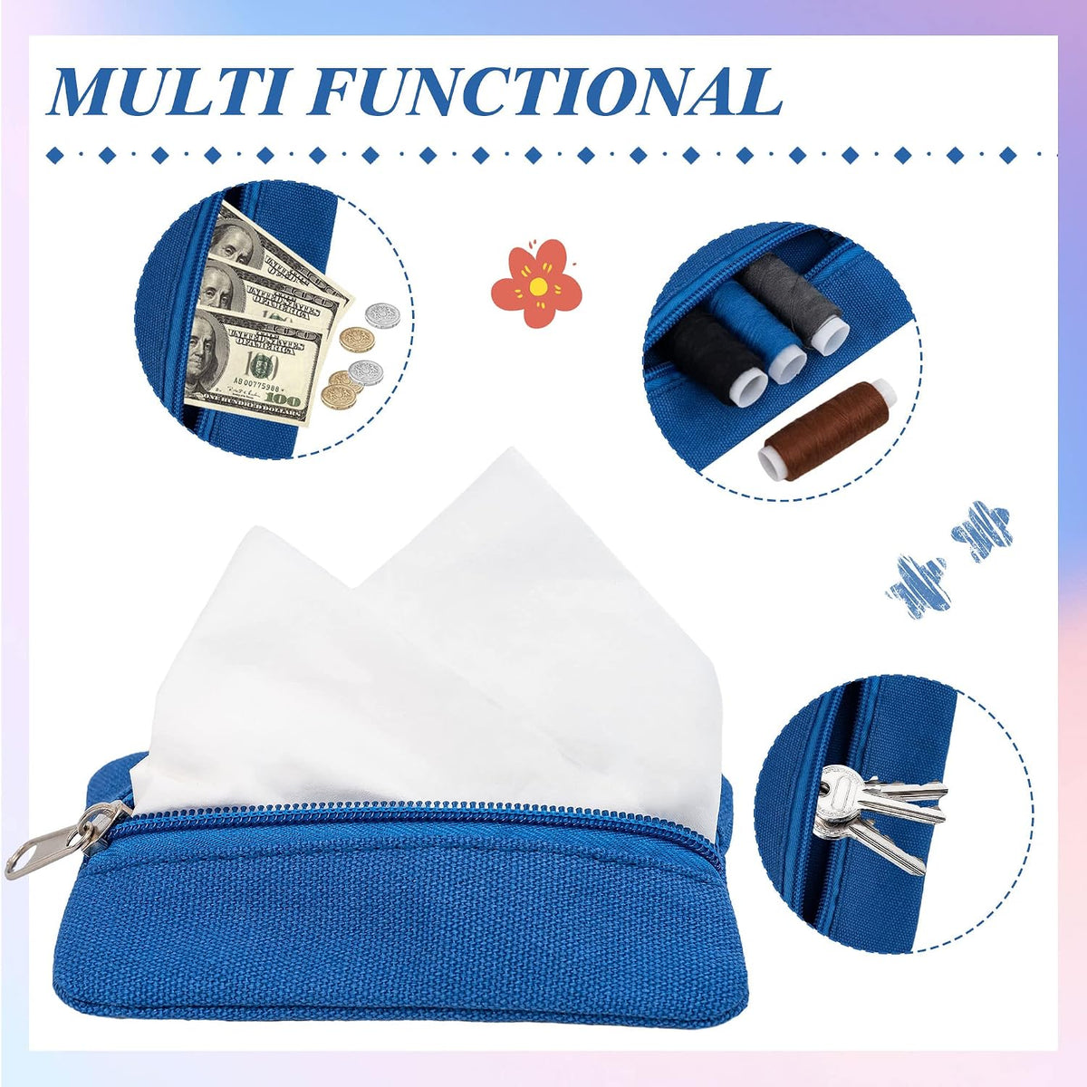 Pocket Tissue Holder, 6 Packs Tissue Holder for Purse, Reusable Travel Tissue Pouch, Fabric Purse Zipper Tissue Packs for Coins Tissue Cards Travel Office, 5.1 x 3.1 Inches