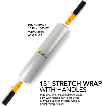 15 Inch Clear Stretch Wrap Roll with Handles (1 Roll-1000 Feet) Heavy Duty Shrink Wrap for Moving, Packing Supplies for Wrapping Furniture, Industrial Plastic Pallet Cling