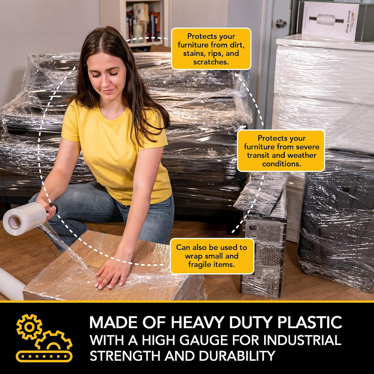 15 Inch Clear Stretch Wrap Roll with Handles (1 Roll-1000 Feet) Heavy Duty Shrink Wrap for Moving, Packing Supplies for Wrapping Furniture, Industrial Plastic Pallet Cling