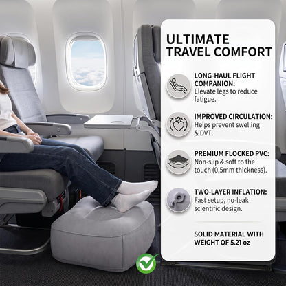 Inflatable Foot Rest for Airplane Travel & Office, Portable Leg Rest Pillow, Elevating Feet for Economy Flight, Home Desk, Car Use - Grey