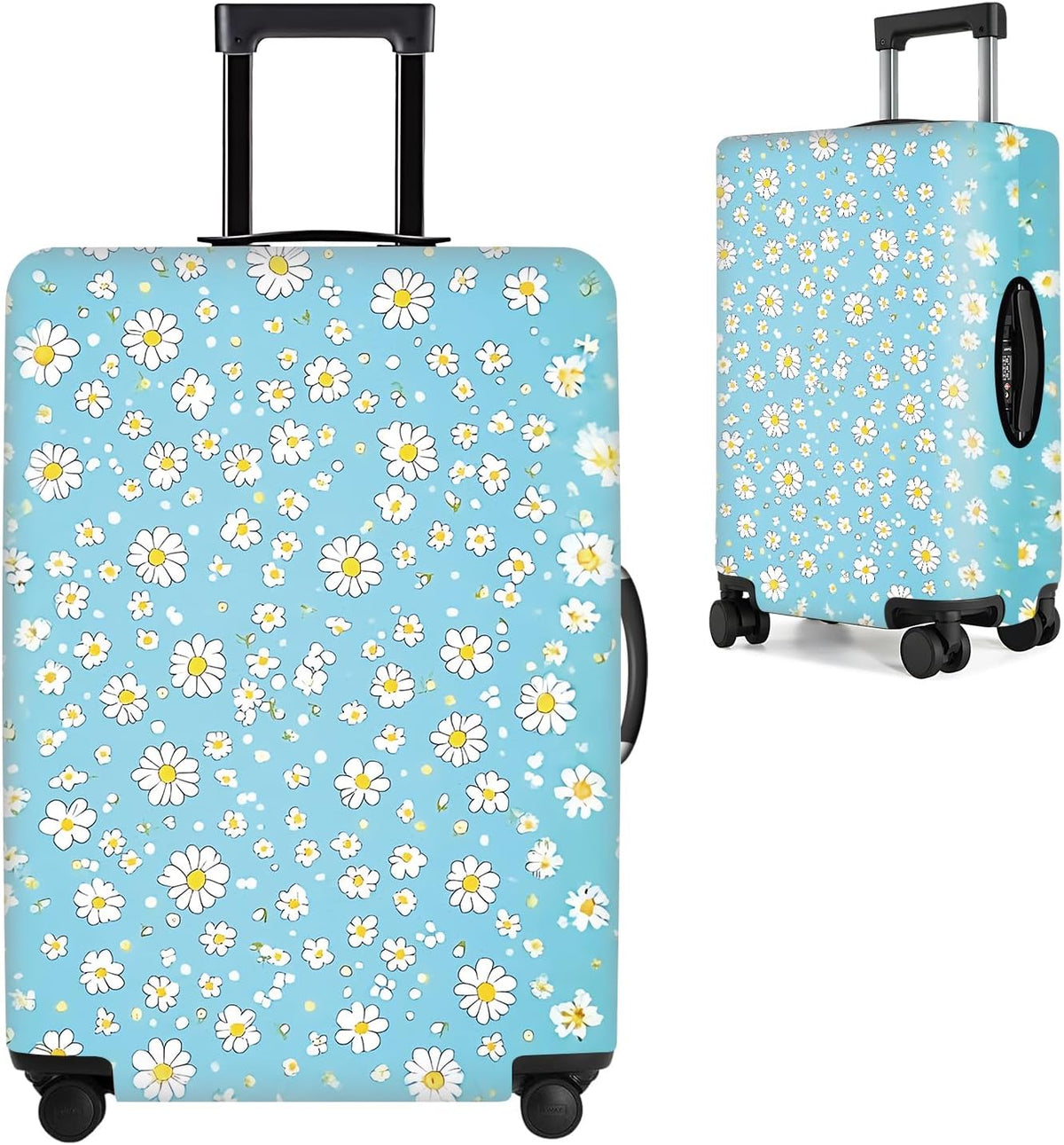 All Over Daisy Print Luggage Cover – Blue Suitcase Protector with White Floral Pattern, Washable Stretch Travel Case for 32-34 Inch Luggage,XL