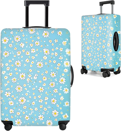 All Over Daisy Print Luggage Cover – Blue Suitcase Protector with White Floral Pattern, Washable Stretch Travel Case for 32-34 Inch Luggage,XL