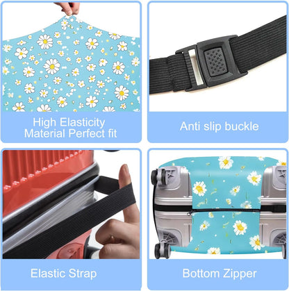 All Over Daisy Print Luggage Cover – Blue Suitcase Protector with White Floral Pattern, Washable Stretch Travel Case for 32-34 Inch Luggage,XL