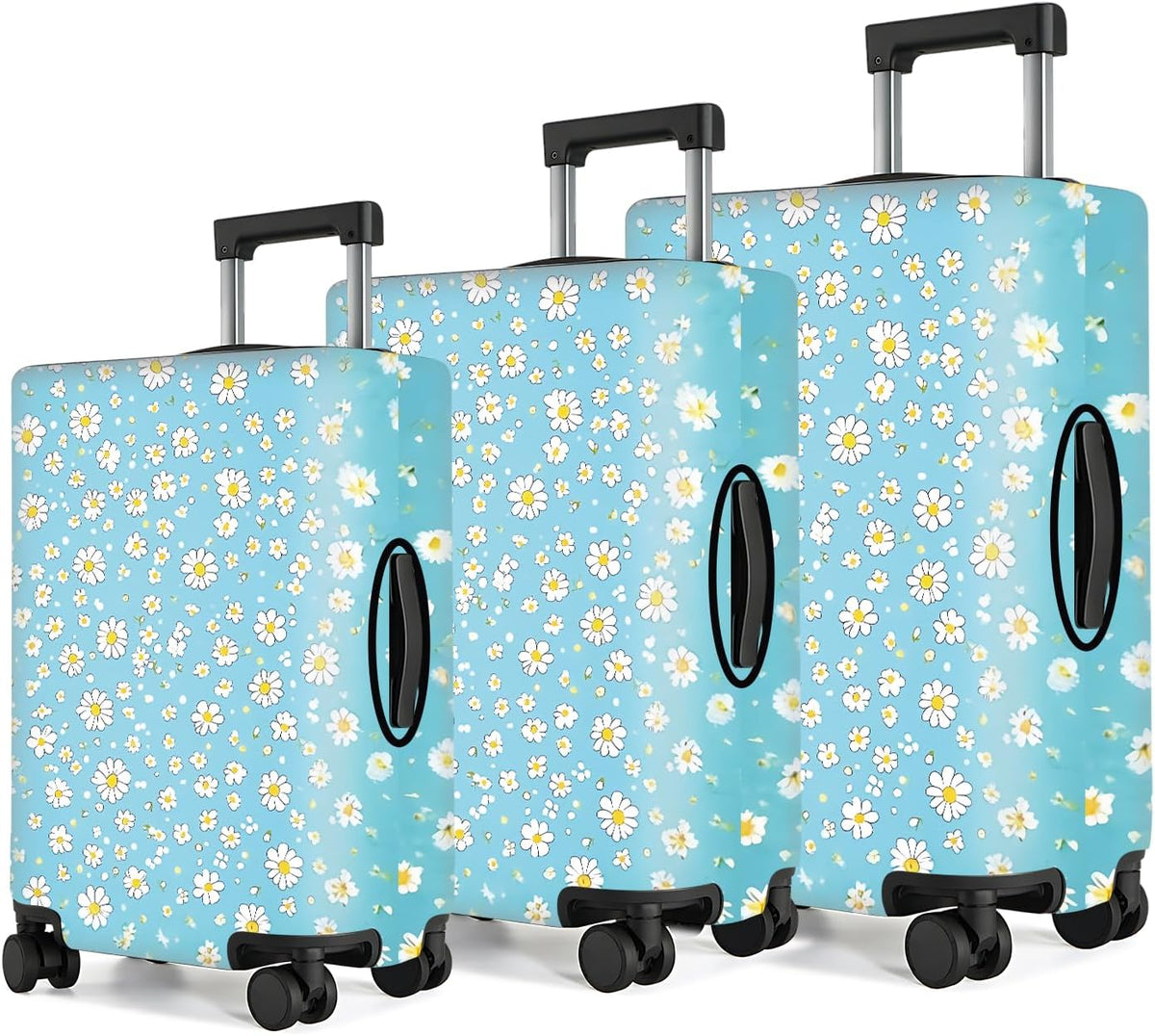 All Over Daisy Print Luggage Cover – Blue Suitcase Protector with White Floral Pattern, Washable Stretch Travel Case for 32-34 Inch Luggage,XL