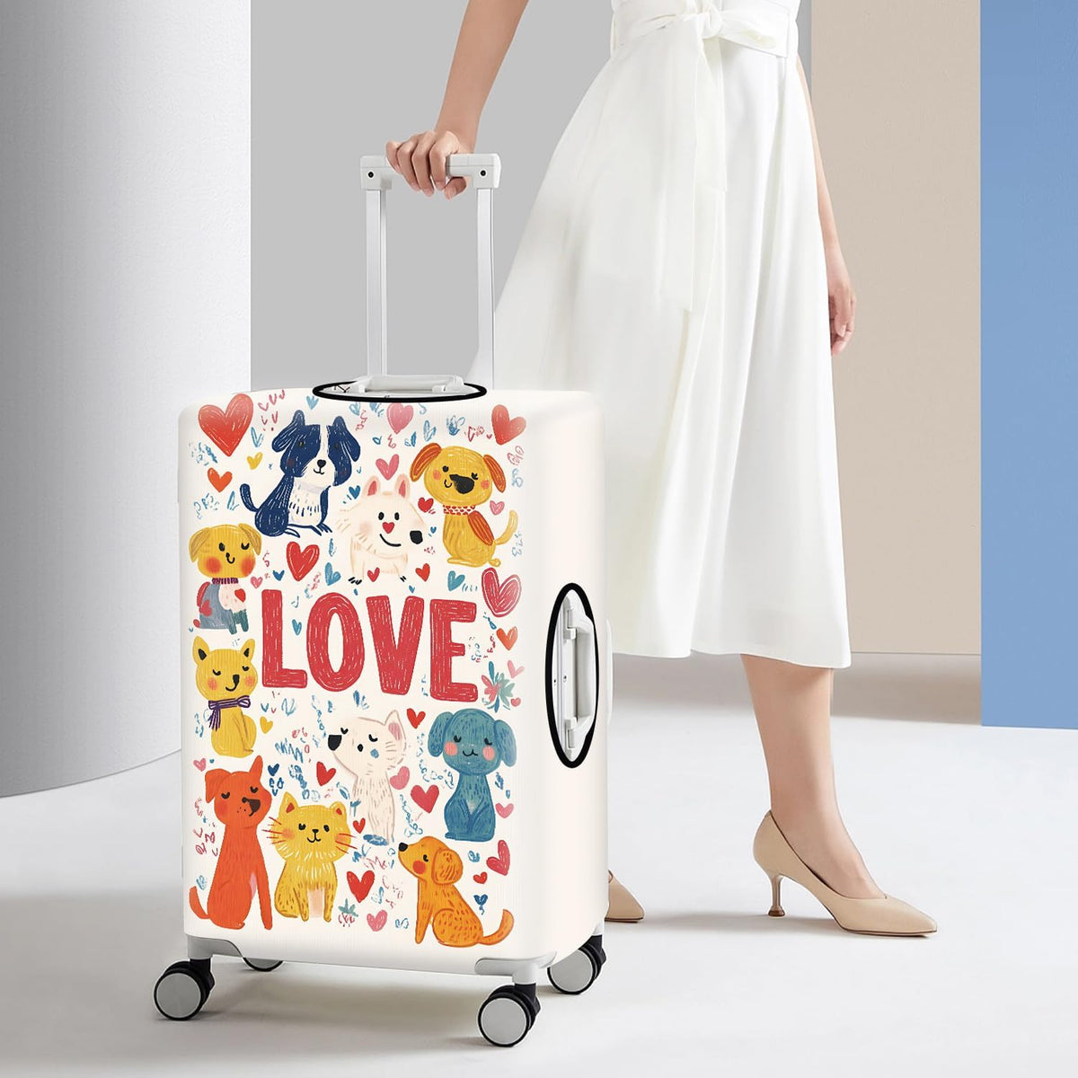 All Over Daisy Print Luggage Cover – Blue Suitcase Protector with White Floral Pattern, Washable Stretch Travel Case for 32-34 Inch Luggage,XL