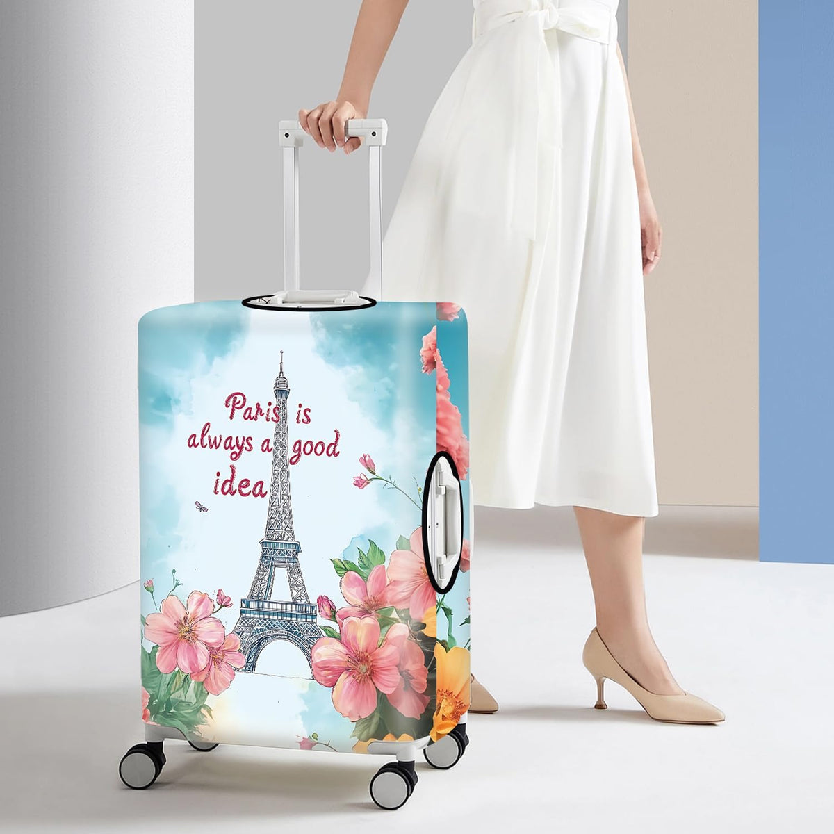 All Over Daisy Print Luggage Cover – Blue Suitcase Protector with White Floral Pattern, Washable Stretch Travel Case for 32-34 Inch Luggage,XL