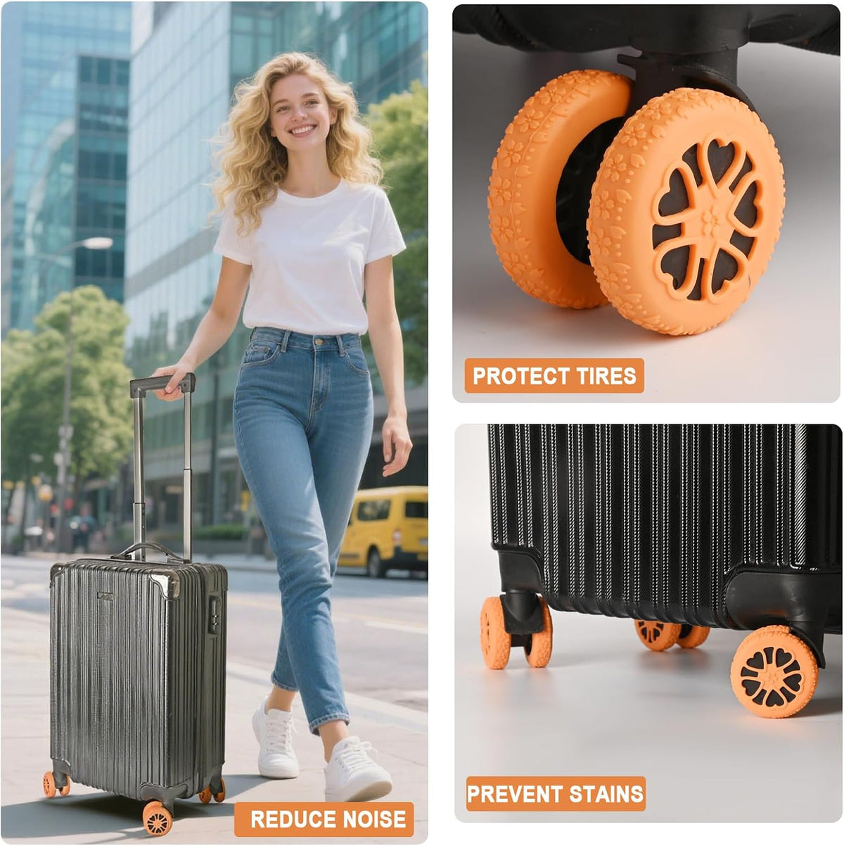 Luggage Wheel Protector, 8PCS Sakura Love Design - Premium Silicone Protectors for 2-2.4" Spinner Wheels Anti-Slip, Ultra-Quiet & Wear-Resistant Travel Accessories (Orange)