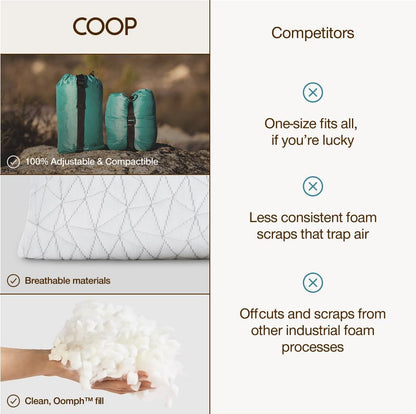 Coop Home Goods Original Travel and Camping Adjustable Pillow, Small Camping Pillow with Compressible Stuff Sack, Medium-Firm Memory Foam with Lulltra Washable Cover, CertiPUR-US Certified (19x13)