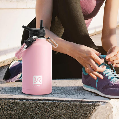 Insulated Water Bottle w/Straw Lid & Portable Carrier Bag, 64oz - Colors B