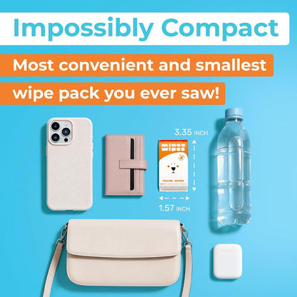 Impossibly Compact Travel Wipes - 99.5% Water - Safe for Sensitive Skin & Hypoallergenic, Resealable, Thick & Durable - For Adults & Kids - Unscented, 10 Pack Total 60 Wipes