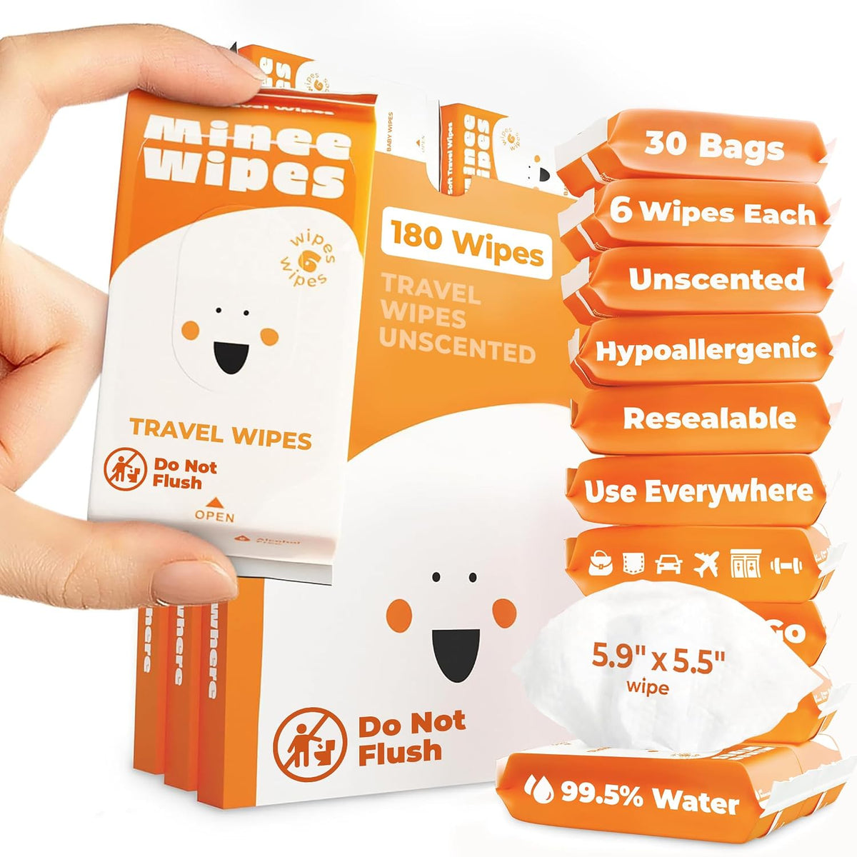 Impossibly Compact Travel Wipes - 99.5% Water - Safe for Sensitive Skin & Hypoallergenic, Resealable, Thick & Durable - For Adults & Kids - Unscented, 10 Pack Total 60 Wipes