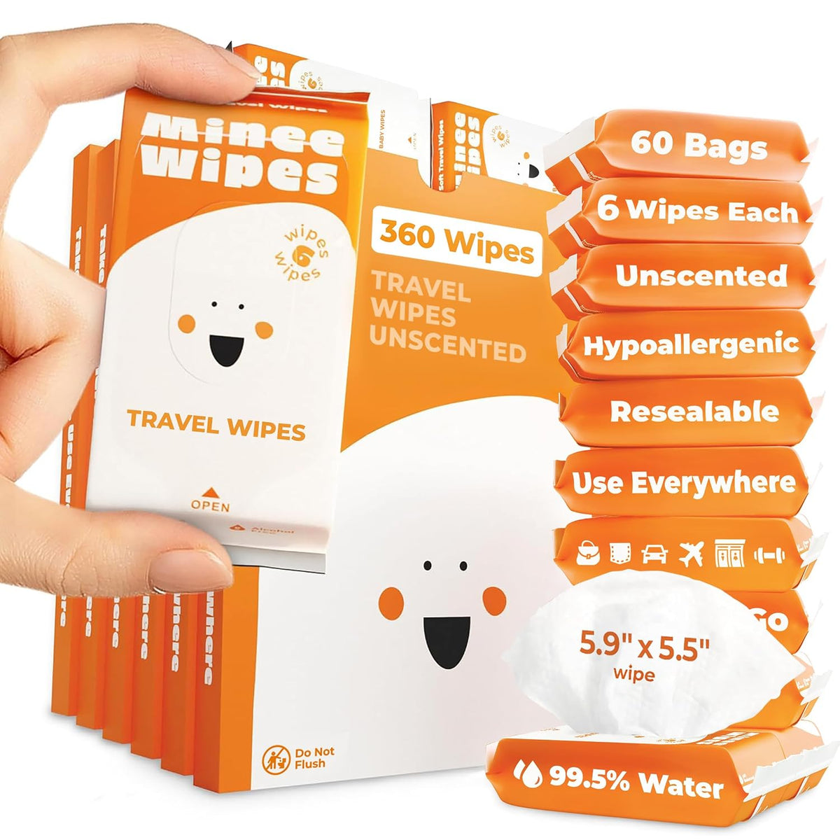 Impossibly Compact Travel Wipes - 99.5% Water - Safe for Sensitive Skin & Hypoallergenic, Resealable, Thick & Durable - For Adults & Kids - Unscented, 10 Pack Total 60 Wipes