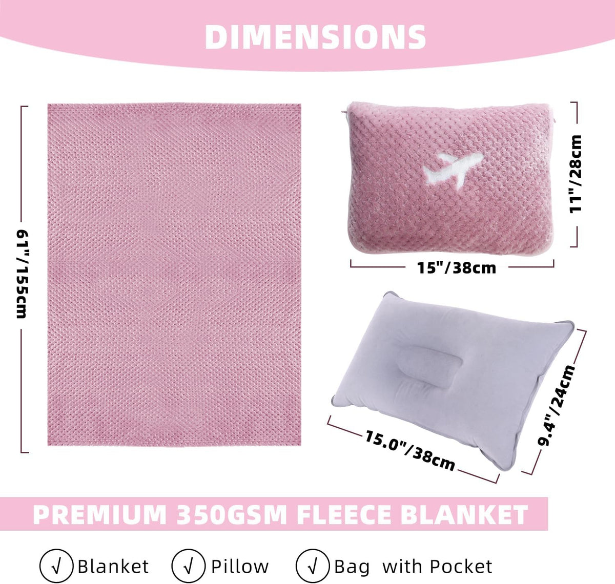 3 in 1 Travel Blanket Pillow Set - 350 GSM Thick Travel Blanket Airplane Compact with Bag, Soft Bag with a Pocket, Inflatable Travel Pillow for Camping & Car Trip(Mint Green)