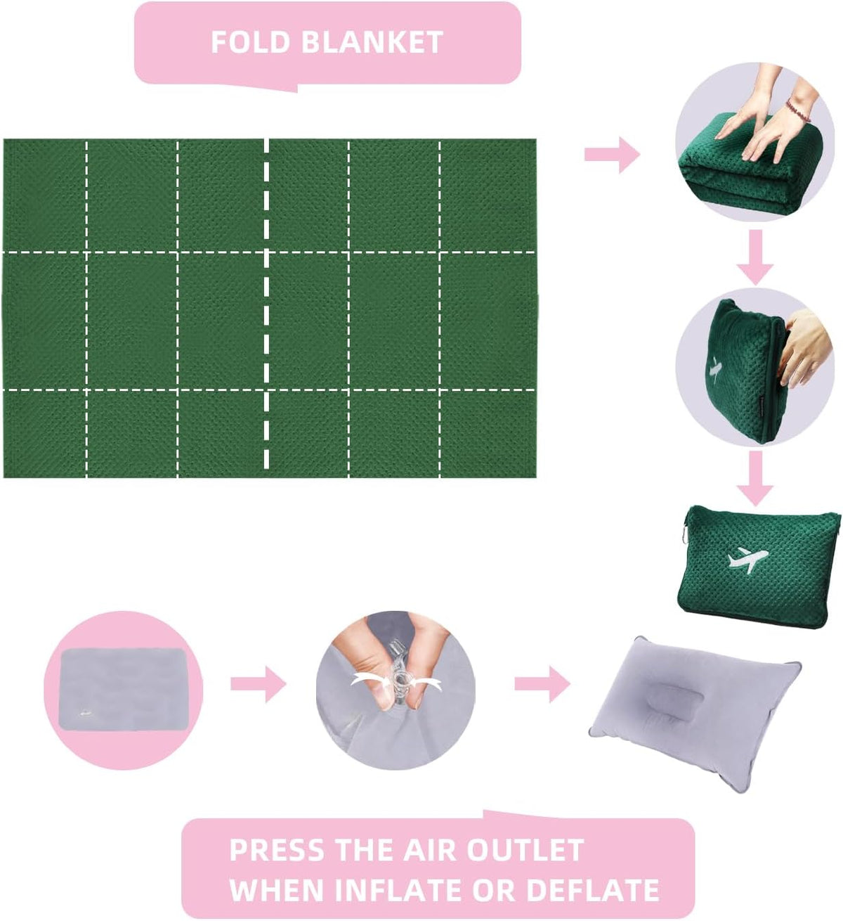 3 in 1 Travel Blanket Pillow Set - 350 GSM Thick Travel Blanket Airplane Compact with Bag, Soft Bag with a Pocket, Inflatable Travel Pillow for Camping & Car Trip(Mint Green)