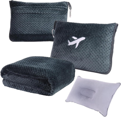3 in 1 Travel Blanket Pillow Set - 350 GSM Thick Travel Blanket Airplane Compact with Bag, Soft Bag with a Pocket, Inflatable Travel Pillow for Camping & Car Trip(Mint Green)