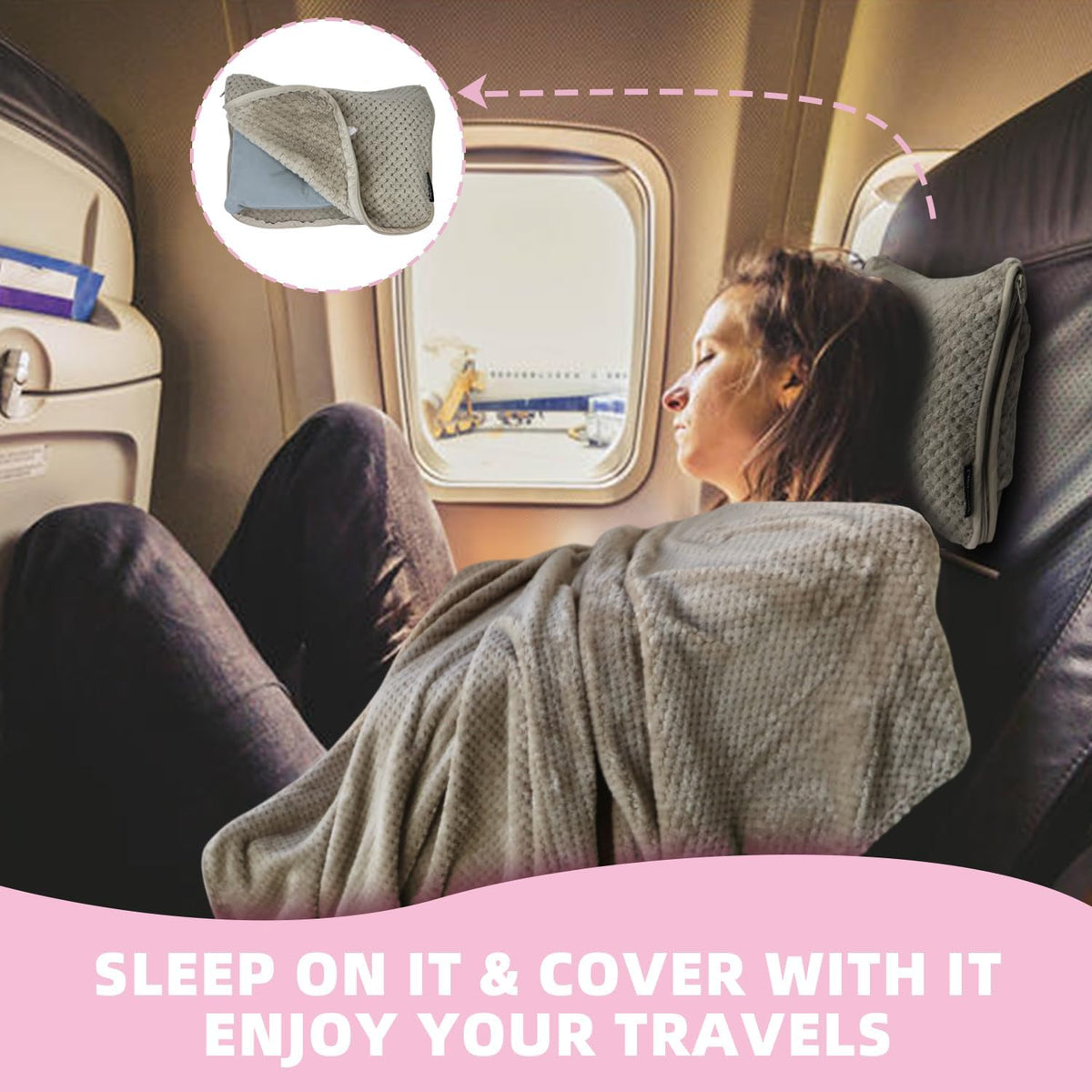 3 in 1 Travel Blanket Pillow Set - 350 GSM Thick Travel Blanket Airplane Compact with Bag, Soft Bag with a Pocket, Inflatable Travel Pillow for Camping & Car Trip(Mint Green)