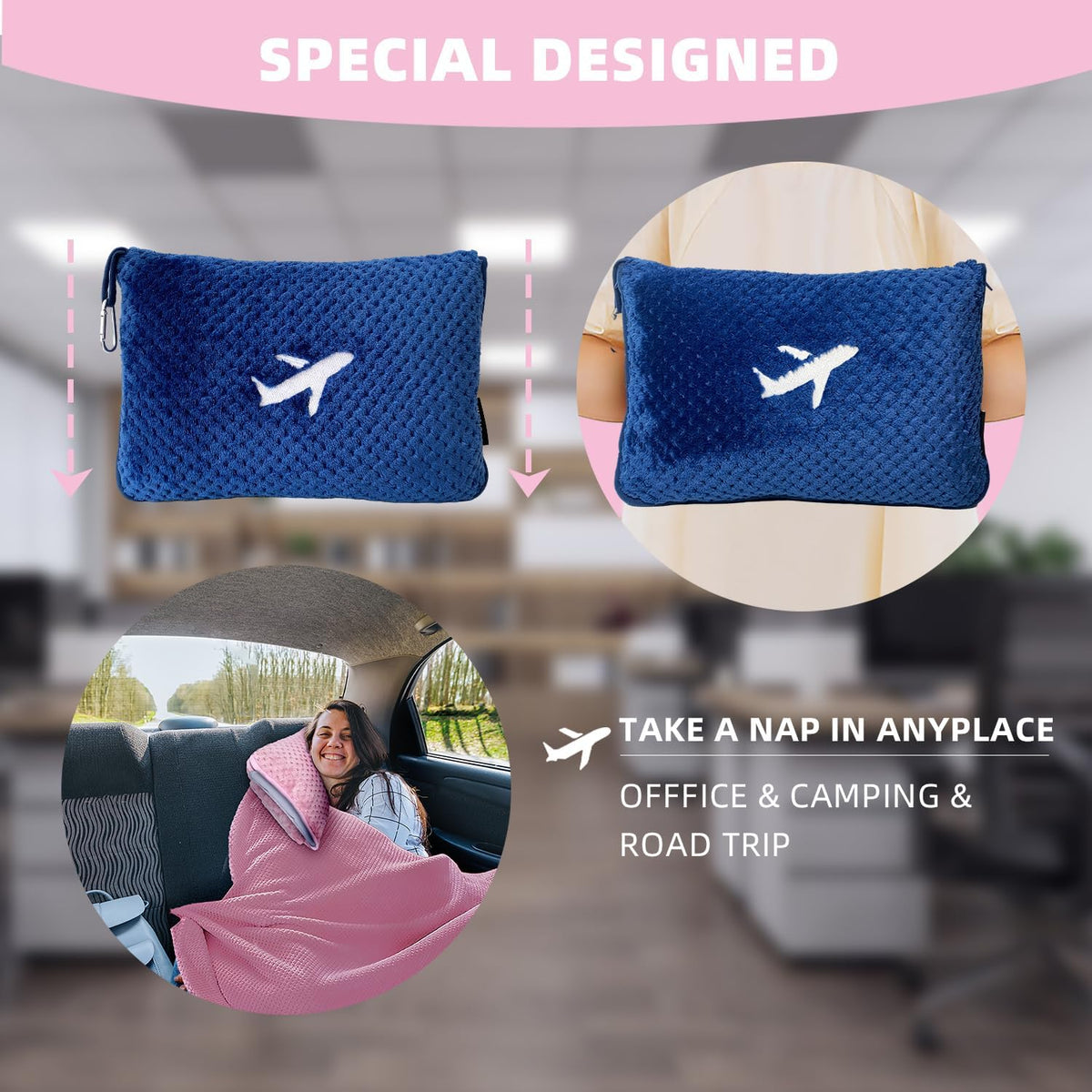3 in 1 Travel Blanket Pillow Set - 350 GSM Thick Travel Blanket Airplane Compact with Bag, Soft Bag with a Pocket, Inflatable Travel Pillow for Camping & Car Trip(Mint Green)