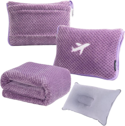 3 in 1 Travel Blanket Pillow Set - 350 GSM Thick Travel Blanket Airplane Compact with Bag, Soft Bag with a Pocket, Inflatable Travel Pillow for Camping & Car Trip(Mint Green)