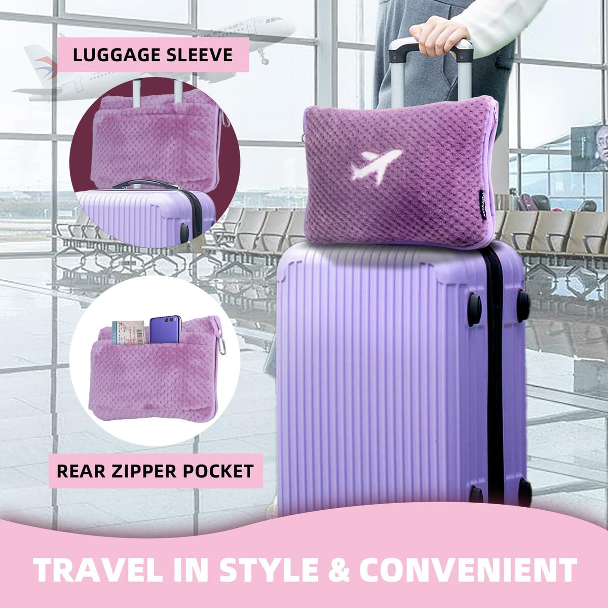 3 in 1 Travel Blanket Pillow Set - 350 GSM Thick Travel Blanket Airplane Compact with Bag, Soft Bag with a Pocket, Inflatable Travel Pillow for Camping & Car Trip(Mint Green)