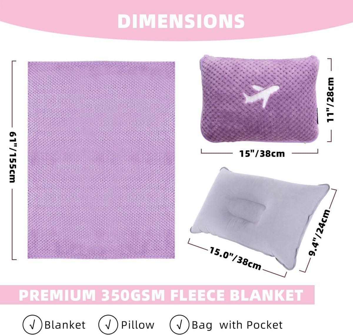3 in 1 Travel Blanket Pillow Set - 350 GSM Thick Travel Blanket Airplane Compact with Bag, Soft Bag with a Pocket, Inflatable Travel Pillow for Camping & Car Trip(Mint Green)