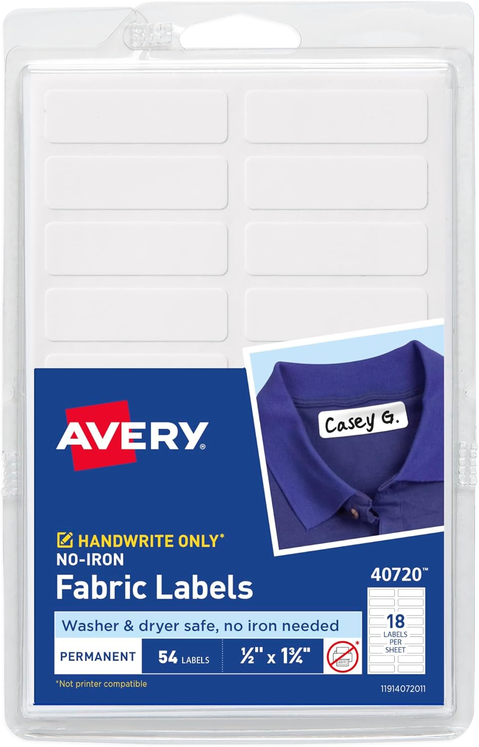 No-Iron Fabric Labels, 1/2" x 1-3/4", Washer and Dryer-Safe Waterproof Labels, Non-Printable, 54 Total (40720)