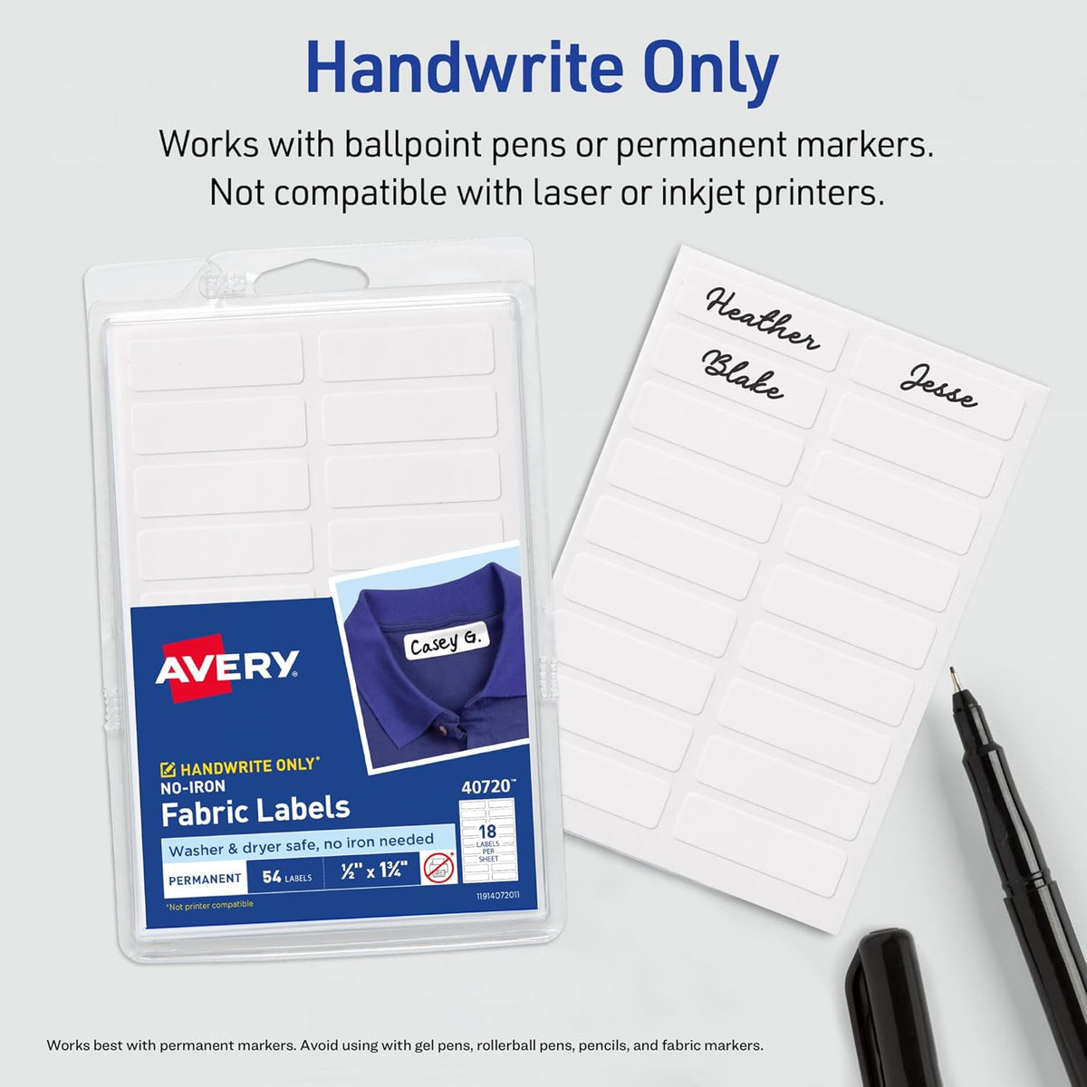 No-Iron Fabric Labels, 1/2" x 1-3/4", Washer and Dryer-Safe Waterproof Labels, Non-Printable, 54 Total (40720)