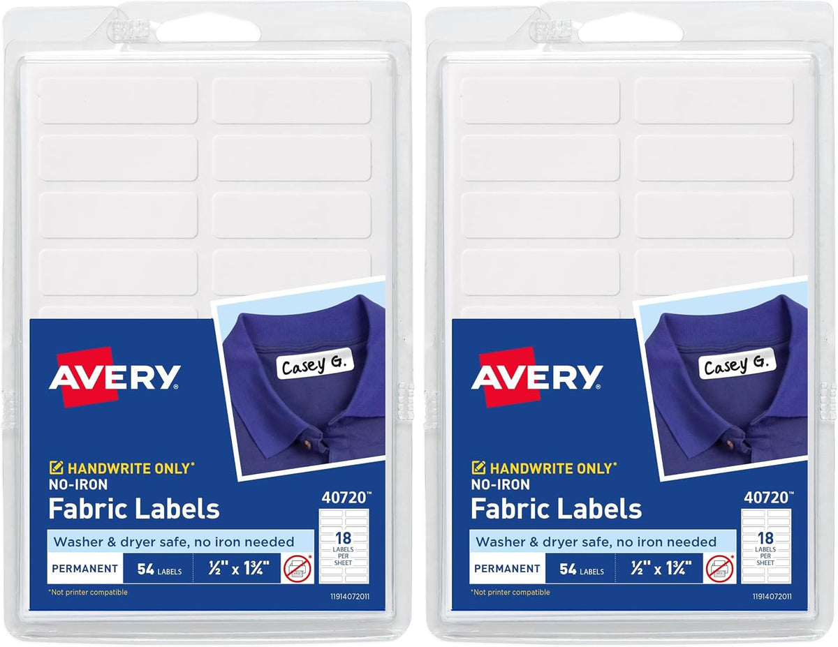 No-Iron Fabric Labels, 1/2" x 1-3/4", Washer and Dryer-Safe Waterproof Labels, Non-Printable, 54 Total (40720)