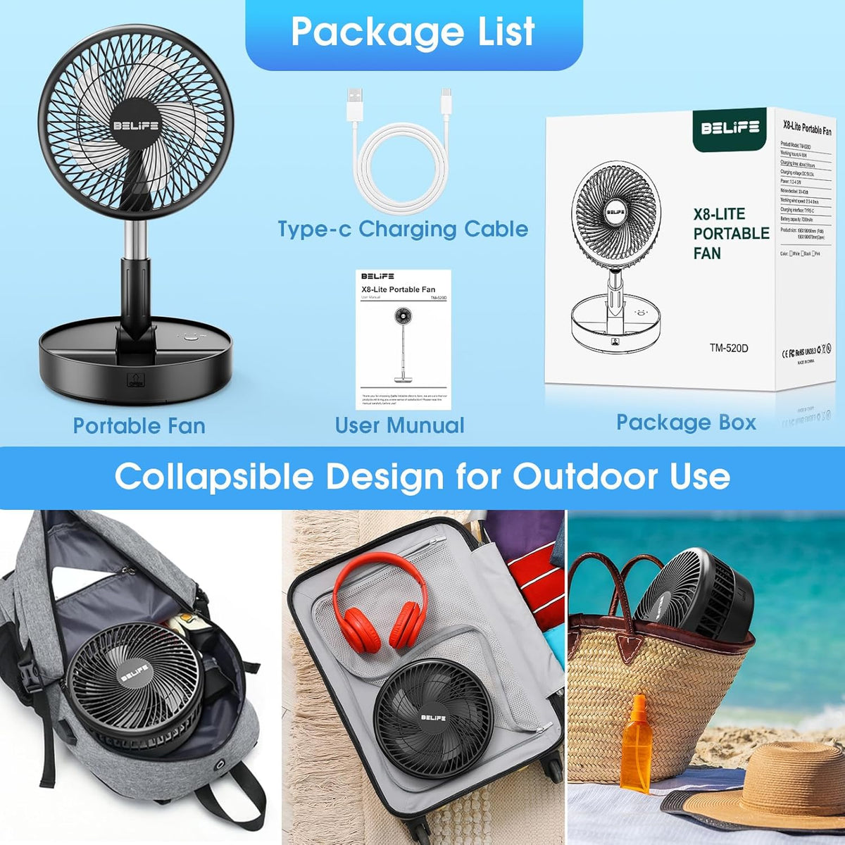 X8 Portable Oscillating Camping Fan for Travel