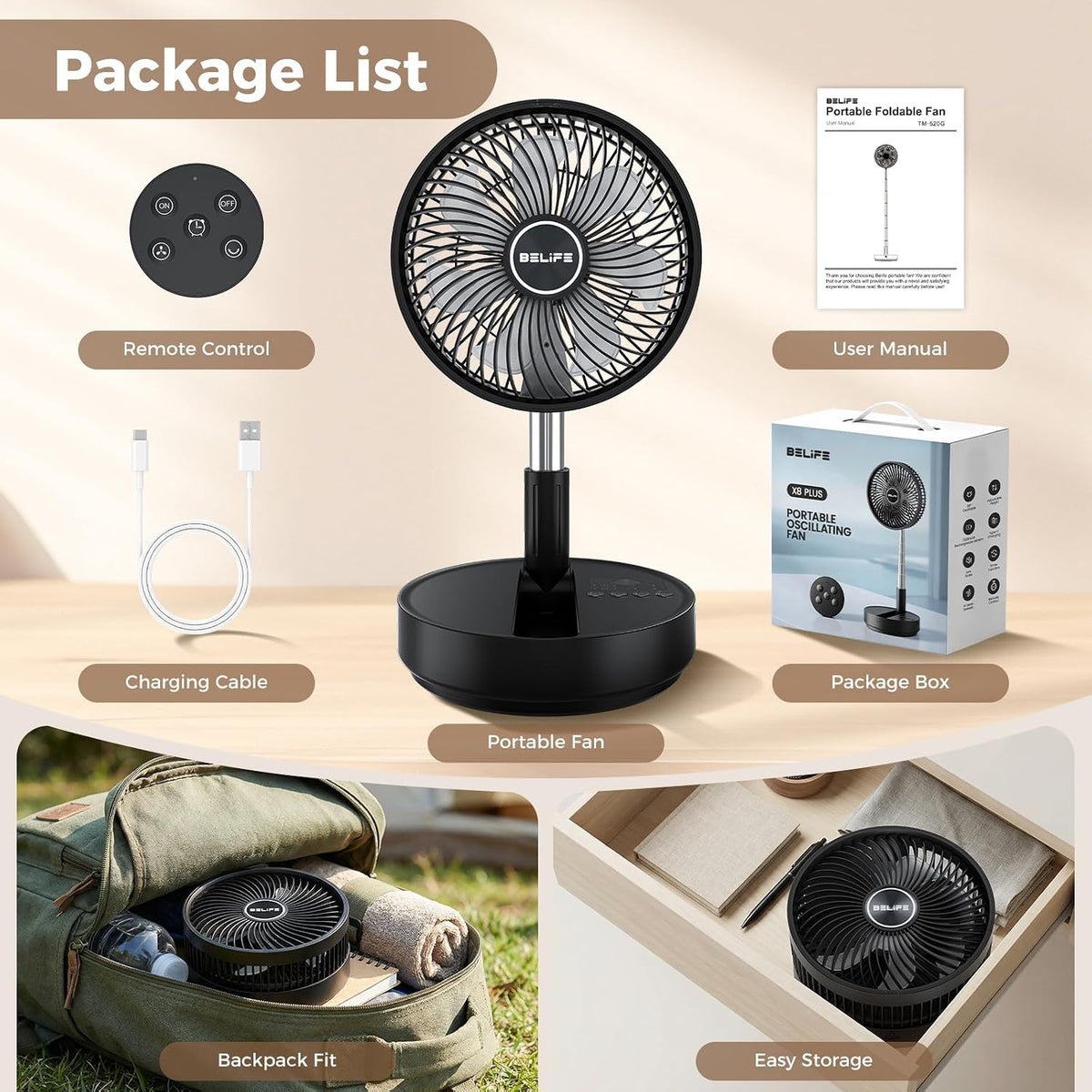 X8 Portable Oscillating Camping Fan for Travel