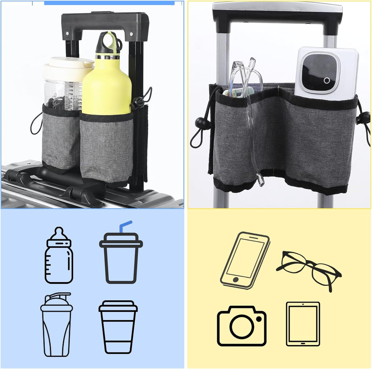 Luggage Travel Cup Holder Free Hand Drink Carrier Carry on Beverage Cup Holder Attachment Fits Roll on Suitcase Handles Business People, Travel Essentials (Grey)