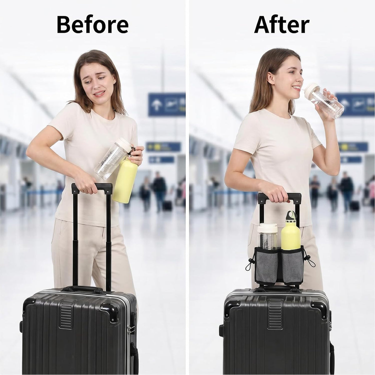 Luggage Travel Cup Holder Free Hand Drink Carrier Carry on Beverage Cup Holder Attachment Fits Roll on Suitcase Handles Business People, Travel Essentials (Grey)