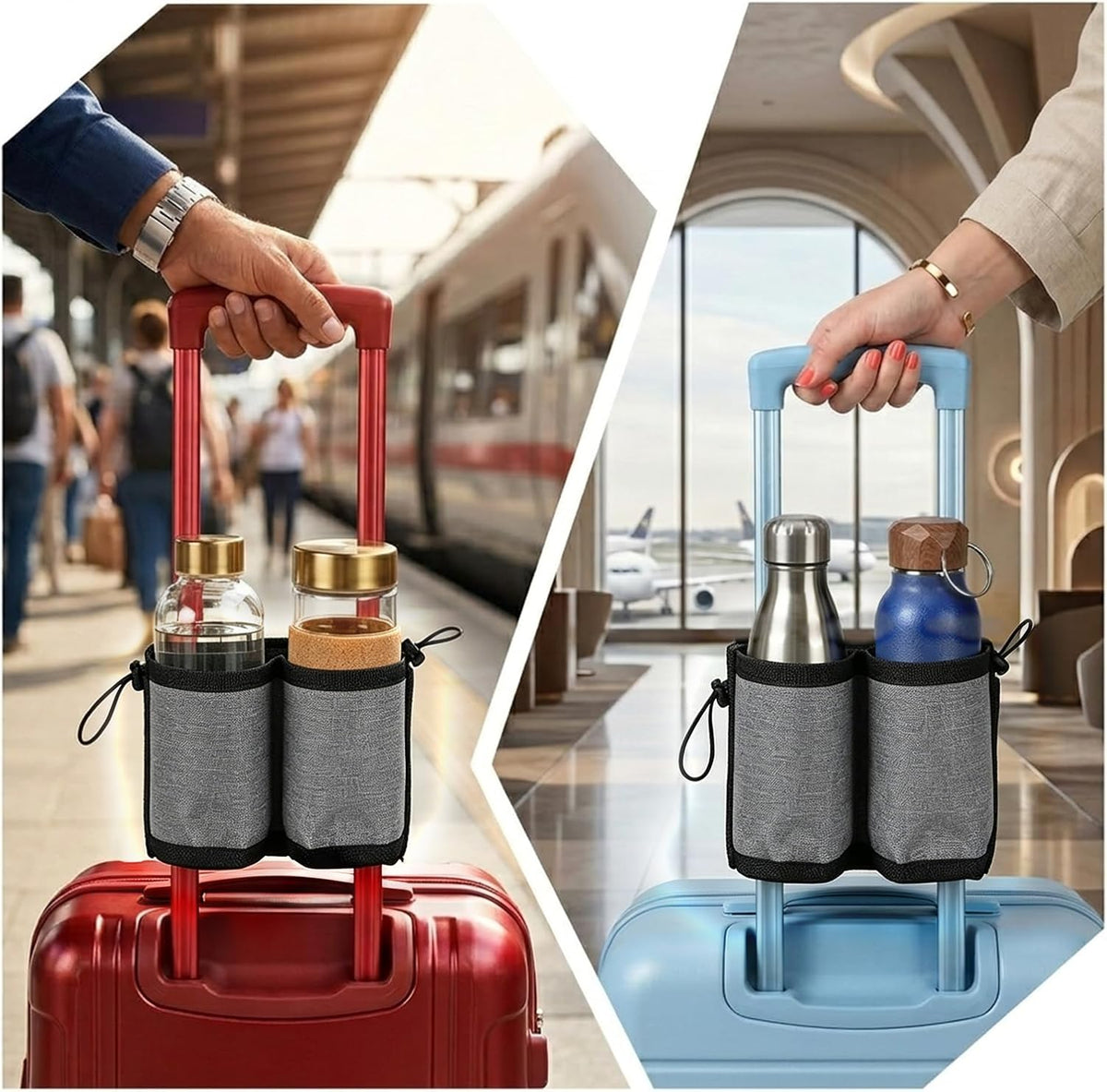 Luggage Travel Cup Holder Free Hand Drink Carrier Carry on Beverage Cup Holder Attachment Fits Roll on Suitcase Handles Business People, Travel Essentials (Grey)