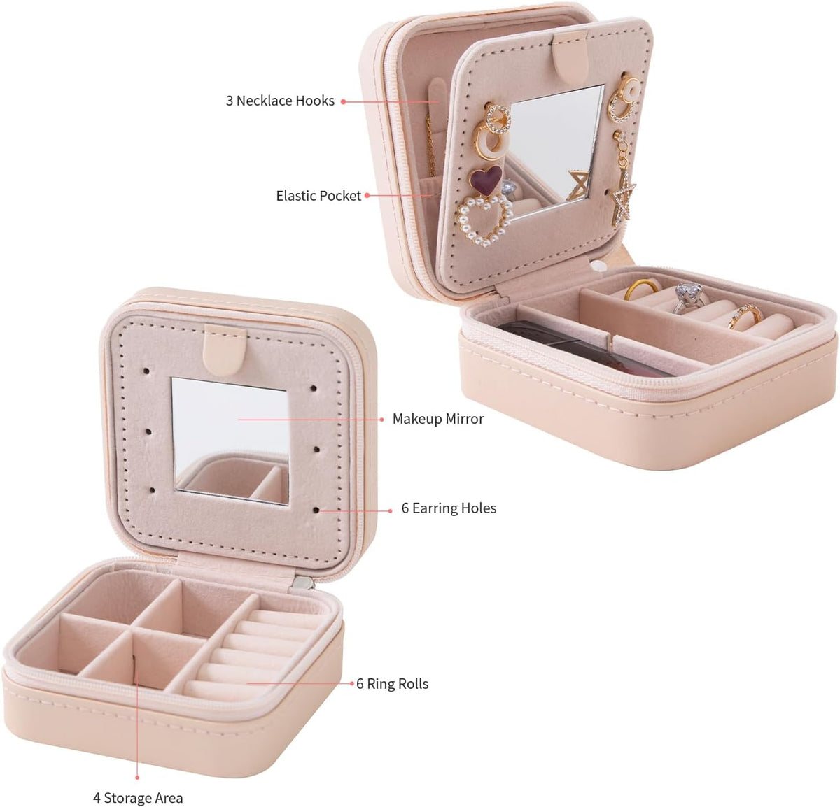 Travel jewelry case Travel jewelry box Travel Jewelry Organizer Small box Gift for Girls Women with Mirror(Pink)