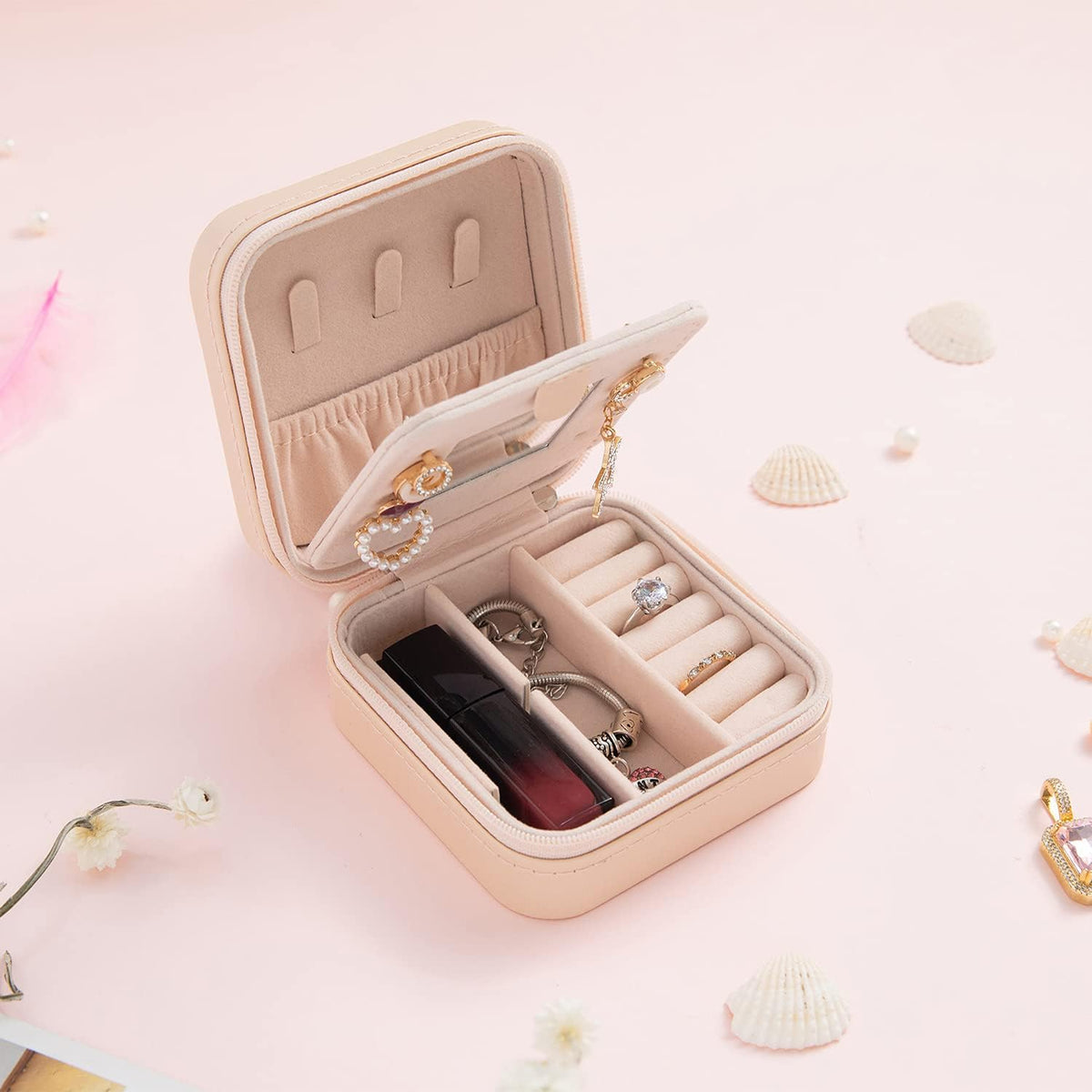 Travel jewelry case Travel jewelry box Travel Jewelry Organizer Small box Gift for Girls Women with Mirror(Pink)