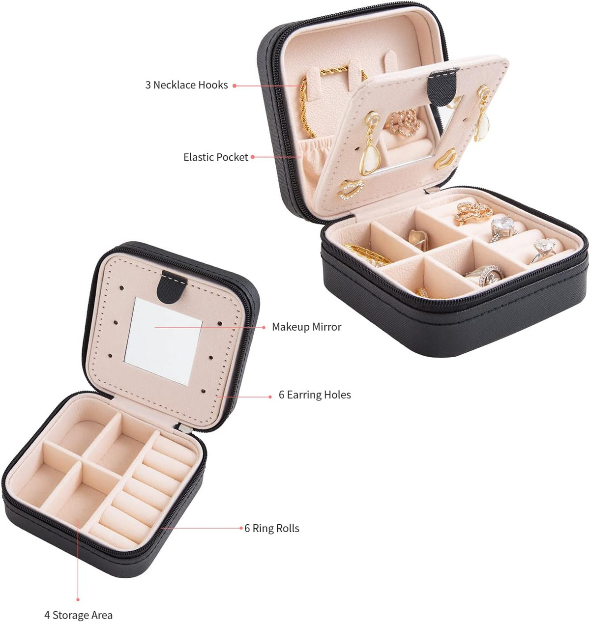 Travel jewelry case Travel jewelry box Travel Jewelry Organizer Small box Gift for Girls Women with Mirror(Pink)