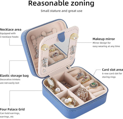 Travel jewelry case Travel jewelry box Travel Jewelry Organizer Small box Gift for Girls Women with Mirror(Pink)