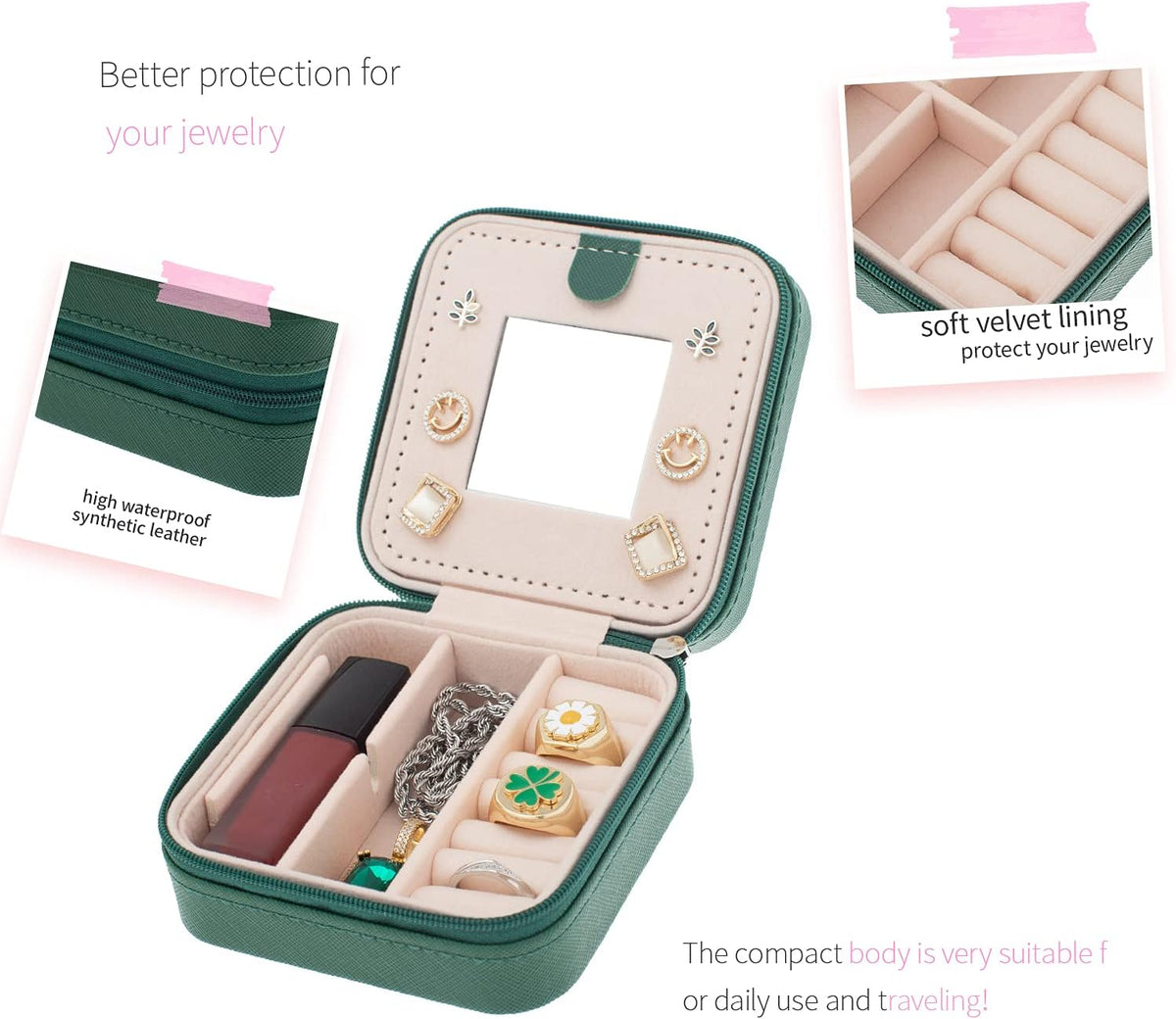 Travel jewelry case Travel jewelry box Travel Jewelry Organizer Small box Gift for Girls Women with Mirror(Pink)